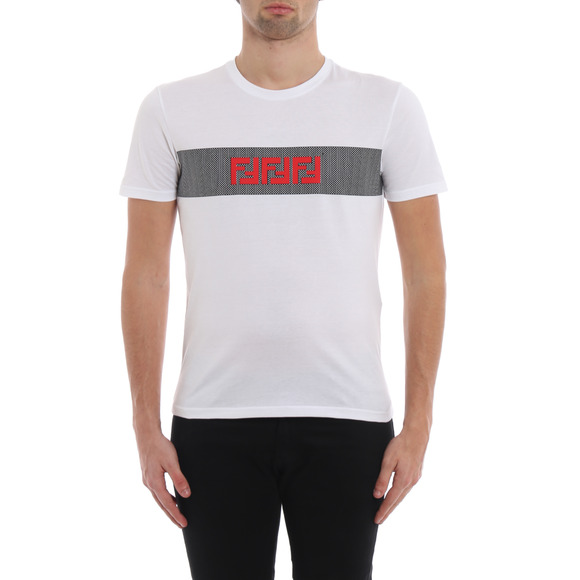 Fendi White Black Mesh Stripe Red FF Logo Short Sleeve Cotton T-Shirt Medium M - Picture 3 of 16